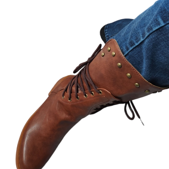 Women Brown Tan Leather Strappy Tie Back Zipper Studded Winter Boot/CN 38/US 7 - Picture 13 of 16